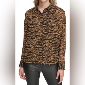 Calvin Klein Women's Printed Button Up Long Sleeve Blouse